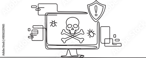 Dangerous website. Computer virus, malware, caution, bug, trojan, phishing, security system. Technology concept. one line Icon drawing with white background