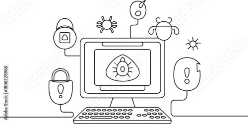 Dangerous website. Computer virus, malware, caution, bug, trojan, phishing, security system. Technology concept. one line Icon drawing with white background