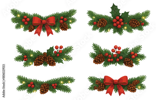 Christmas Pine Needle Swag Elements Collection with Red Bows, Holly Berries, and Pine Cones - Watercolor Holiday Decoration Vector Set