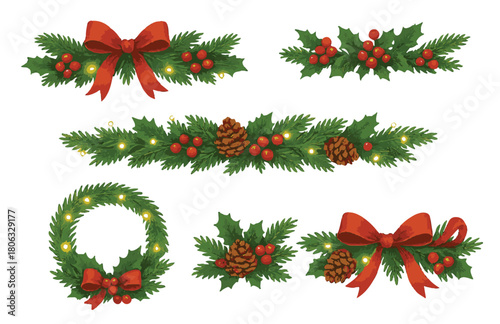Christmas Holly and Pine Wreath, Garland, and Swag Set with Red Bows, Berries, and Pine Cones - Watercolor Style Holiday Decoration Vector