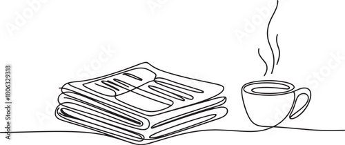 Continuous one line drawing of a stack of news newspapers with cup of coffee. one line Icon drawing with white background
