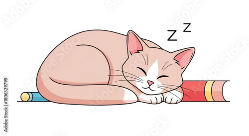 Adorable cartoon kitten napping soundly on books, dreaming sweet dreams and bringing cozy vibes, perfect for children's storybooks or cute designs