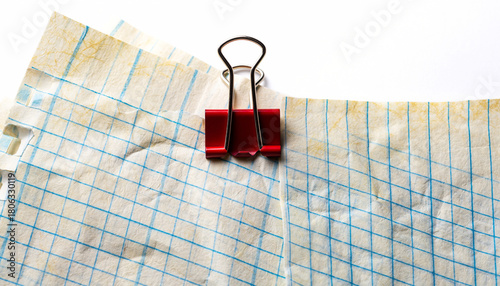 quadrille paper page with red paperclip isolated on white or transparent
