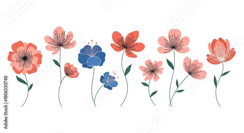 Charming floral design with pink and blue blossoms dancing on white, perfect for spring celebrations, wedding invitations, or adding a touch of joy to any project