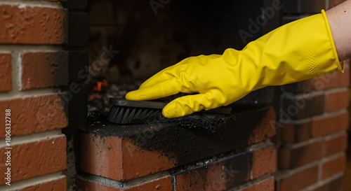 Hand wearing yellow glove cleaning chimney bricks with brush  