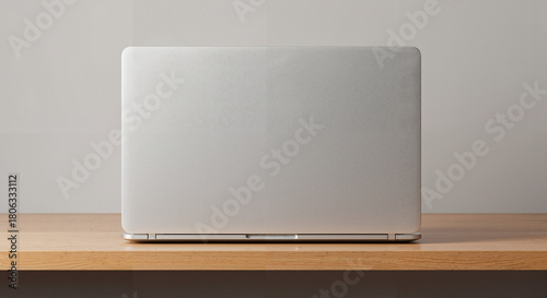 Silver laptop closed on wooden desk with neutral background  