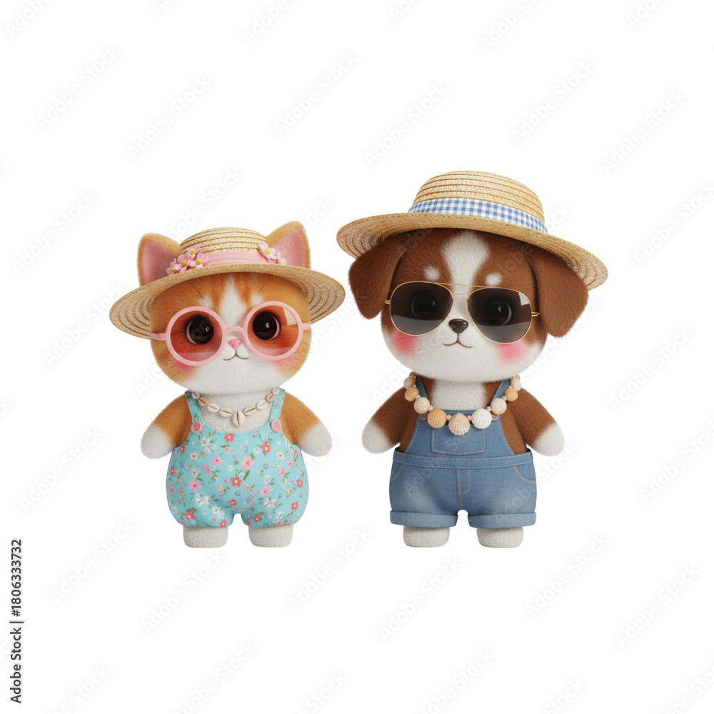 Obraz premium cat, puppy in summer outfit, straw hat