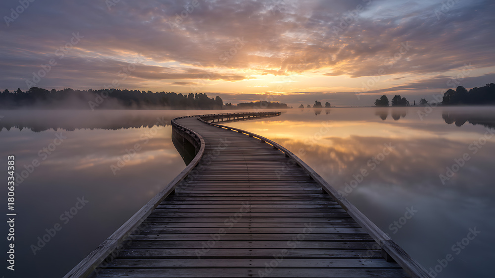 Obraz premium Discover Tranquility on a Mystical Wooden Pathway at Sunrise, Perfect for Serene Escapes and Mindful Moments