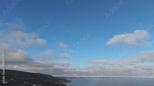 Aerial drone footage capturing wide open blue sky with soft scattered clouds drifting slowly, creating peaceful atmospheric scenery and natural daylight patterns in a calm and serene outdoor environme