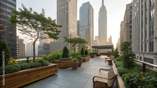 Modern rooftop garden in urban cityscape at sunrise, green terrace with benches and potted trees, sustainable architecture concept, peaceful skyline view, outdoor relaxation space in metropolis