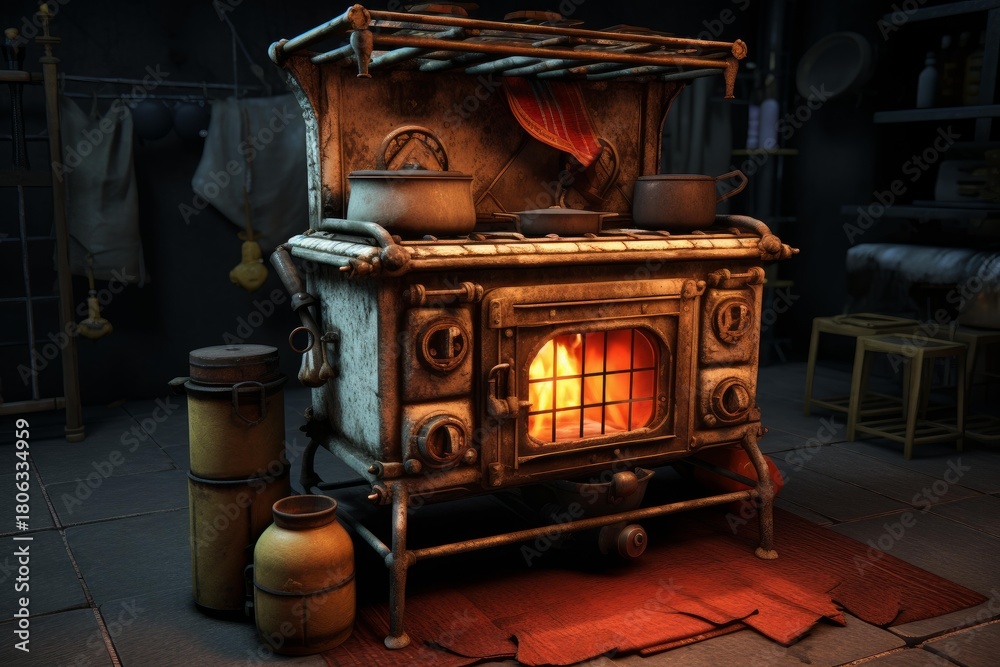 Naklejka premium Antique stove glowing warmly in a cozy, rustic kitchen setting