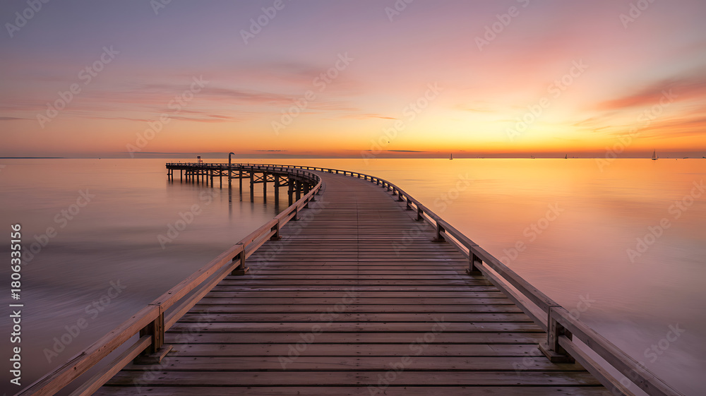 Fototapeta premium Tranquil waters meet the shore at sunset with a wooden pier stretching into the distance, perfect for peaceful moments and dreamy getaways
