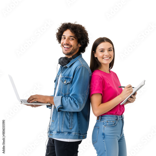 Dynamic Tech Duo Back-to-Back: Cheerful Man in Denim Jacket with Laptop and Woman in Pink Tee with Stylus & Tablet Radiate Youthful Energy, Collaboration, and Digital Creativity Against a Bright White