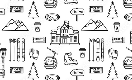 Seamless vector pattern with ski resort doodles. Icons include hotel, ski lifts, boots, goggles, coffee, mountains, trees, trail signs, gloves, and tickets. Perfect for winter fabric, wrapping paper, 