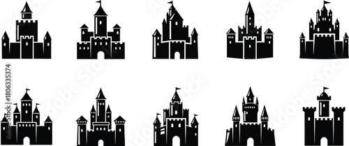 Illustration of collection of black castle silhouettes