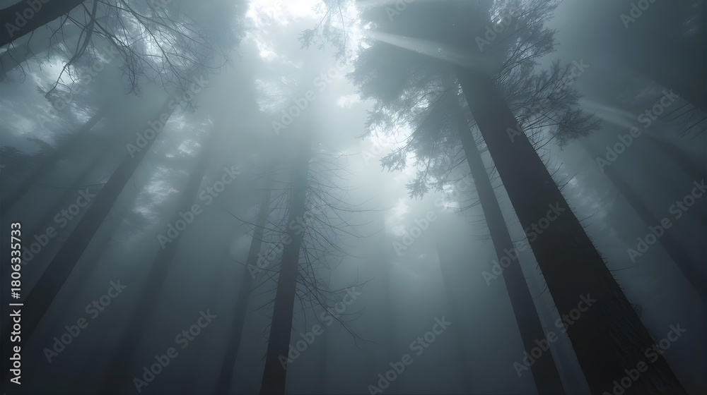 Obraz premium Silver Fog Forest Landscape with Ethereal Glow Background