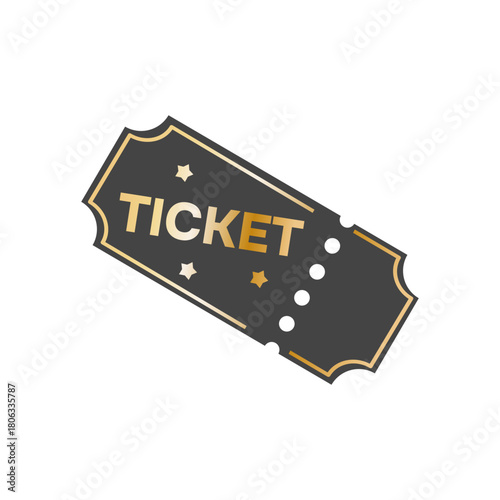Stylized gold ticket with shiny metallic effect and perforated edge, simple flat design. Vector