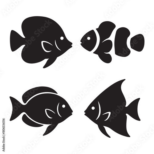 Silhouette black of various tropical fish species such as angelfish, clownfish, surgeonfish, and butterflyfish vector illustration