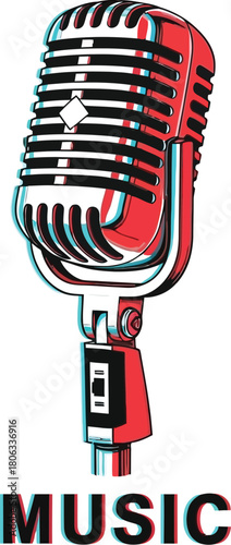 .eps Retro Microphone Illustration | Vintage Mic Artwork | 3D Anaglyph Style Design