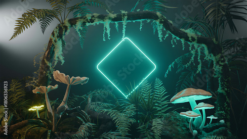 Fototapeta Naklejka Na Ścianę i Meble -  Floating Neon Diamond in Mystical Foggy Jungle – Cyberpunk Forest Background