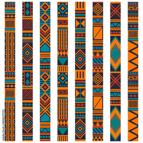 Seamless African tribal patterns and traditional textile designs with geometric motifs and cultural fabric prints from Africa for a border or frame isolated on a white background