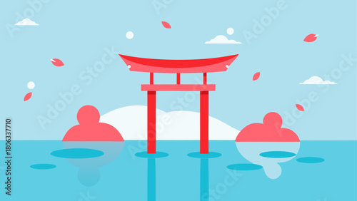 Red torii gate in water with falling cherry petals