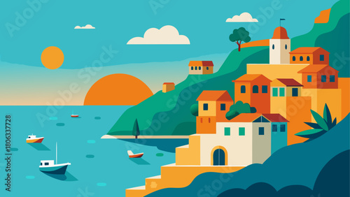 Coastal town landscape with boats and bright colors