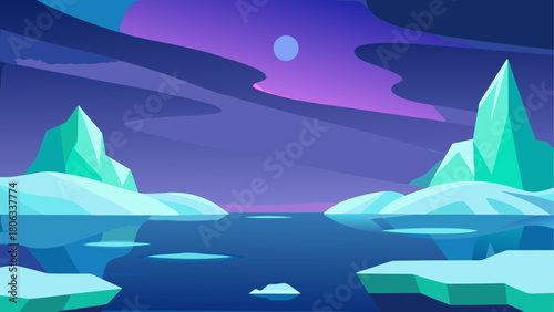 Illustration of iceberg landscape at night with moon