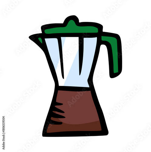 Moka Pot Coffee Maker Hand Drawn Doodle Vector Illustration. Espresso Stove Top Brewer Sketch Icon for Cafe Menu, Home Brewing Equipment, Minimalist Italian Style, Green