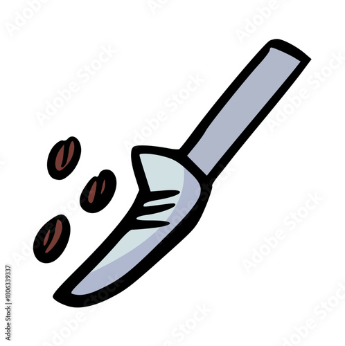 Coffee Scoop and Roasted Beans Hand Drawn Doodle Vector Illustration. Measuring Shovel Sketch Icon for Coffee Shop, Cafe Equipment, Barista Tool, Brewing, Gourmet, Freshness