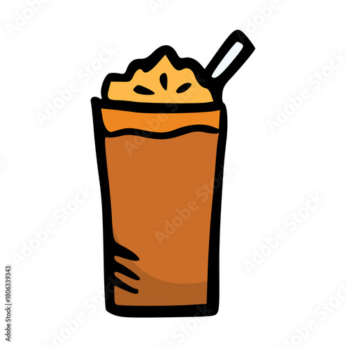 Iced Coffee Drink with Whipped Cream Doodle Vector Illustration. Cold Beverage Sketch Icon in Takeaway Cup for Cafe Menu, Summer Refreshment, Dessert, Sweet Treat, Frappe