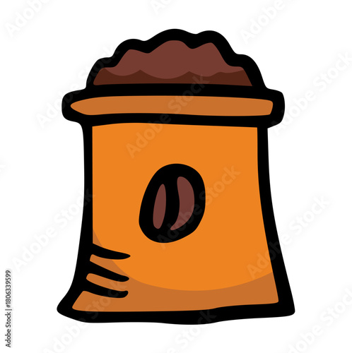 Cartoon Illustration of Coffee Sack or Burlap Bag Filled with Beans/Grounds, Minimalist Hand-Drawn Vector Doodle for Harvest, Coffee Shop, Trade, and Farm Theme