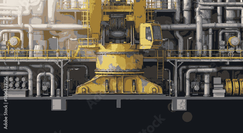 A detailed, stylized illustration of a massive offshore oil rig with a prominent yellow crane and intricate industrial machinery, representing global energy production.