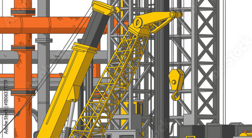 A detailed vector illustration features a yellow crane and orange pipelines within an industrial structure, representing heavy industry and construction.