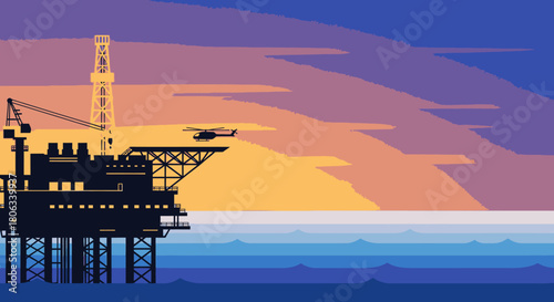 A pixel art illustration of an offshore oil rig with a helicopter at sunset, representing the energy industry's vital role in global resource extraction.