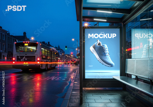 City night scene bus stop poster mockup