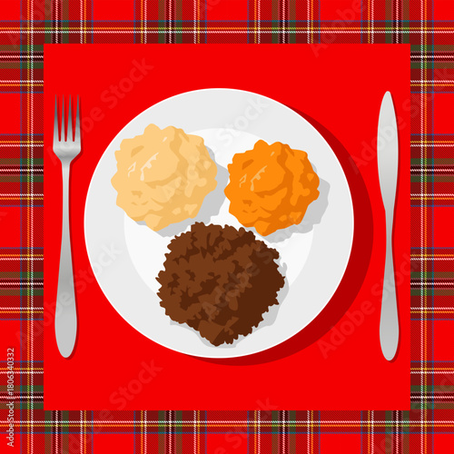 Traditional Burns Night supper with haggis, neeps and tatties served on a plate in a bar or pub. Classic Scottish dinner or rustic heritage meal in top view on a festive red tartan background