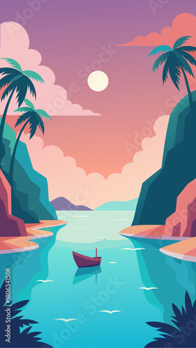 Boat on water between cliffs with palm trees at dusk