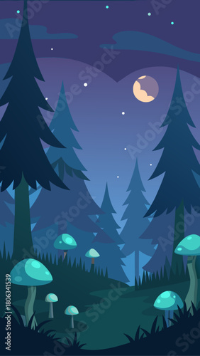 Illustration of a forest with mushrooms at night time