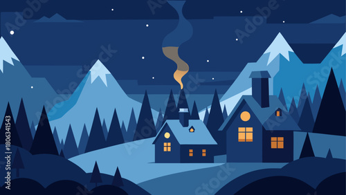 Houses in winter landscape with mountains and smoke