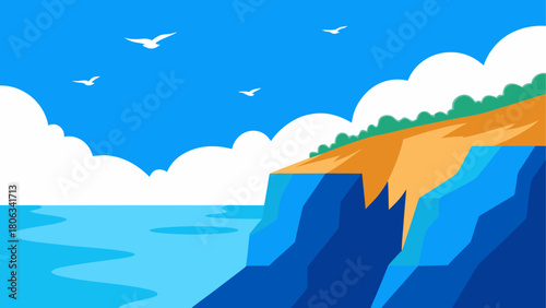 Illustration of a coastal landscape with birds flying