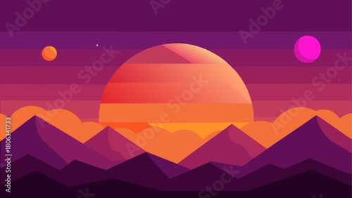 Sunset over mountains with planets in the distance