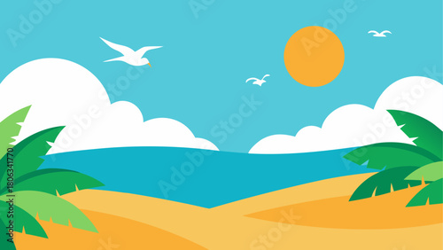 Beach scene with palm trees and birds in the sky