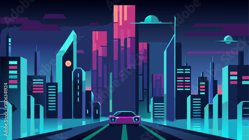 Car driving through a futuristic neon lit city
