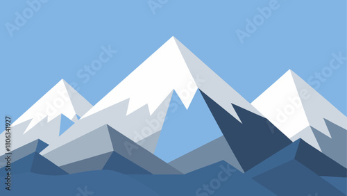 Geometric mountains with snow peaks against blue sky