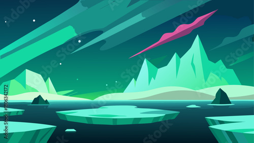 Landscape with icebergs mountains and colorful sky