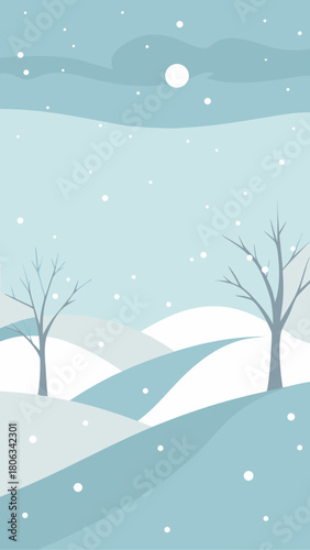 Winter landscape with trees and snow falling softly