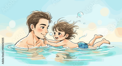 Father teaching son to swim while playing in the water  