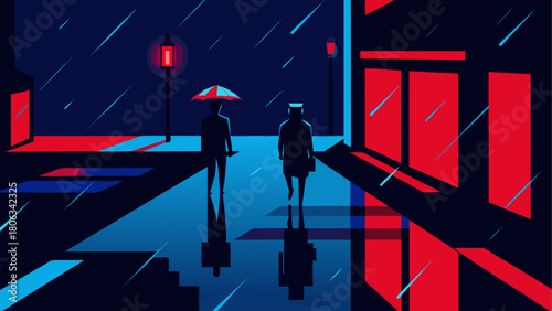 People walking in the rain at night city landscape
