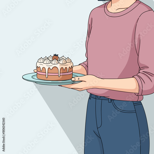 Woman holding a decorated cake on a plate in a minimalist style  